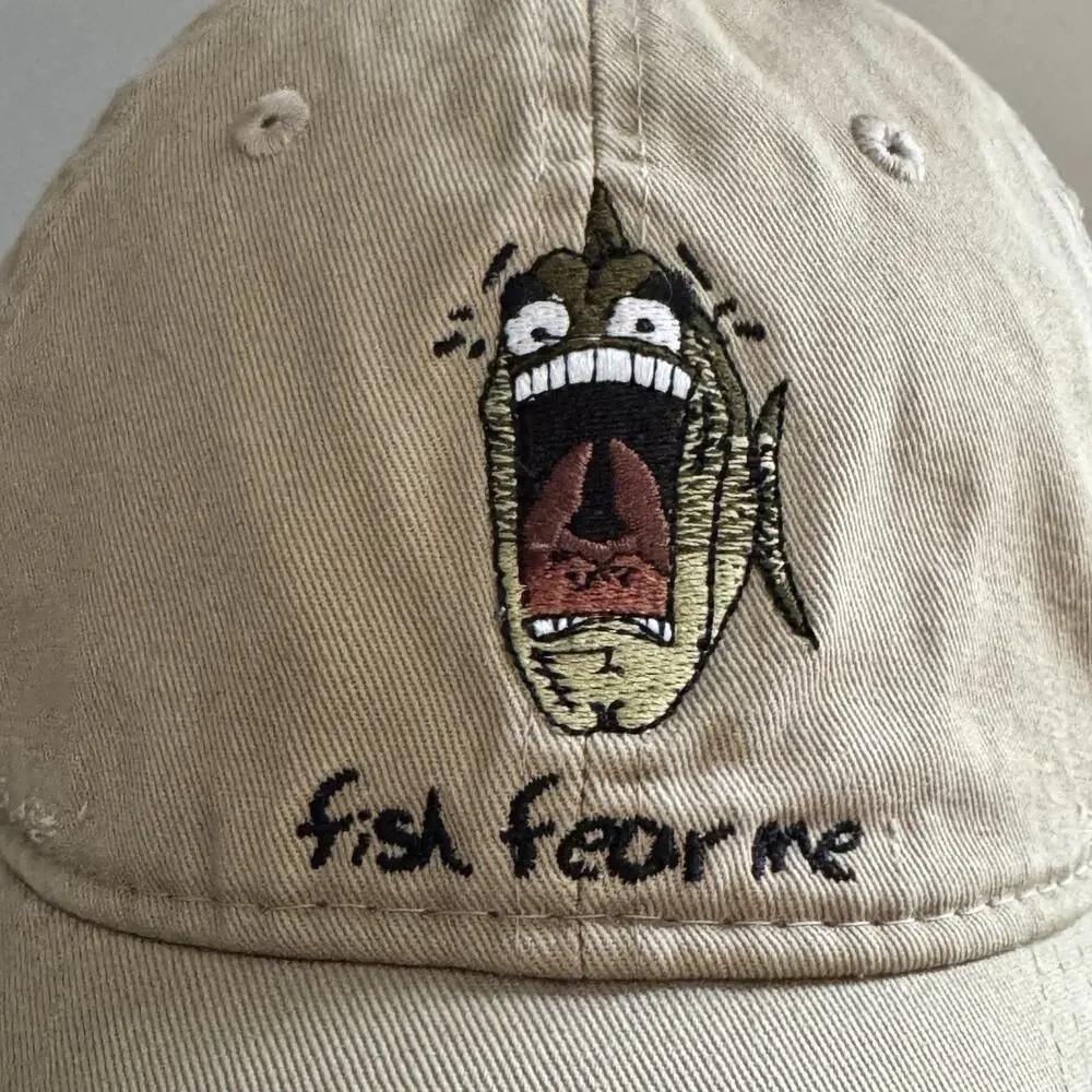 Fish Fear Me Bass Pro Shops Hat Distressed Fishing Cap Tan Adjustable